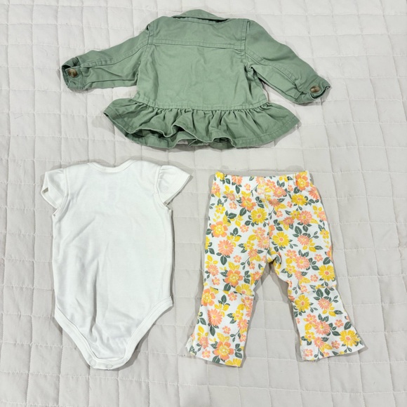 Daisy Fuentes Set Green Ruffle Jacket T-shirt Onesie and Floral Pants 3-6M - Picture 2 of 5